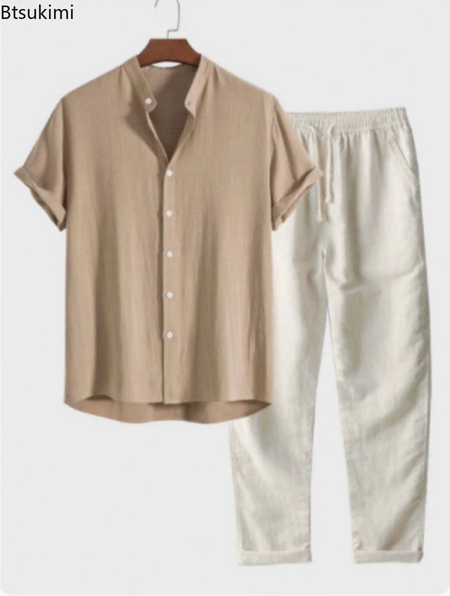 Short Linen Drawstring - Мужской модный однотонный пляжный комплект из