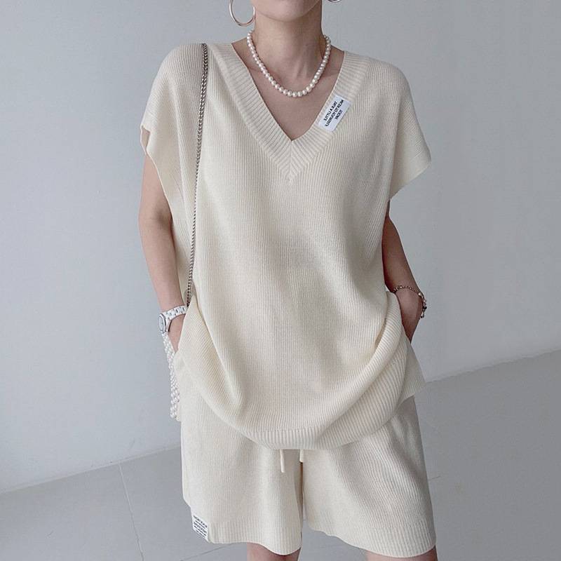 Short Linen Drawstring - Женский вязаный комплект из двух предметов: